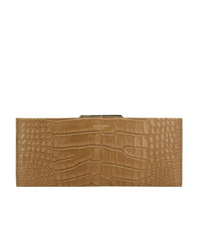 Saint Laurent Logo Details Clutch In Brown