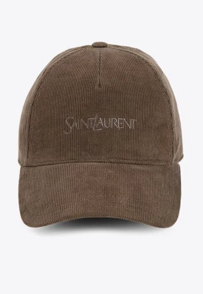 Saint Laurent Logo-embroidered Cotton-corduroy Baseball Cap In Brown