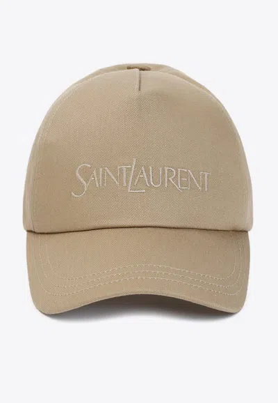 Saint Laurent Embroidered 5p Gabardine Cap In Brown