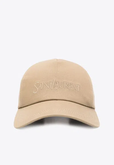 Saint Laurent Logo Embroidered Baseball Cap In Sand