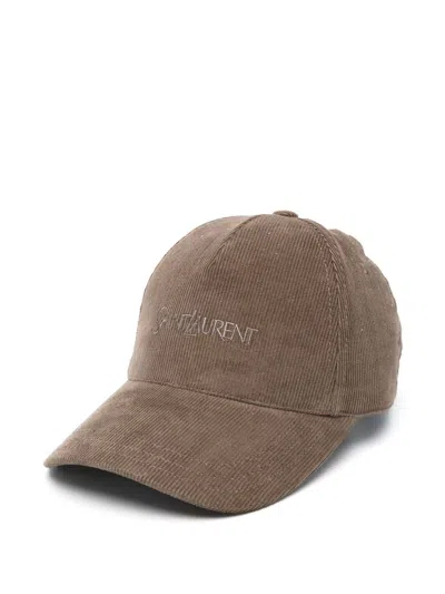 Saint Laurent Logo-embroidered Cotton-corduroy Baseball Cap In Brown