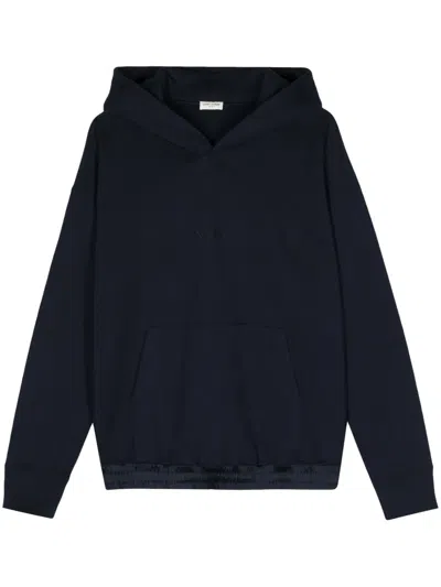 Saint Laurent Logo-embroidered Hooded Sweatshirt In Blue