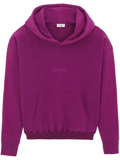 Saint Laurent Cotton Sweatshirt With Hood And Kangaroo Pocket In Fuchsia
