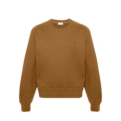 Saint Laurent Logo Embroidered Cotton Sweatshirt In Beige