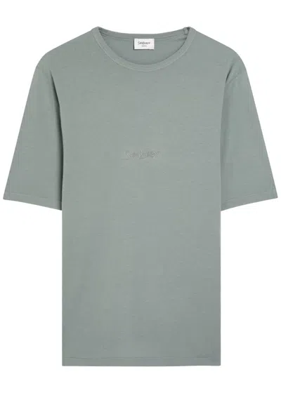 Saint Laurent Tonal Logo Embroidery Cotton T Shirt In Gray