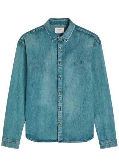 Saint Laurent Logo-embroidered Faded Denim Shirt In Blue