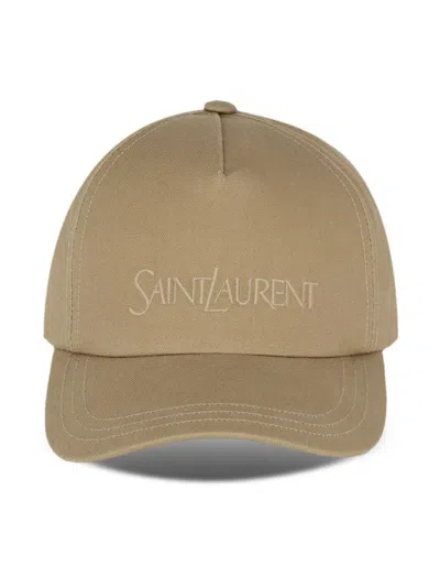 Saint Laurent Embroidered 5p Gabardine Cap In Brown