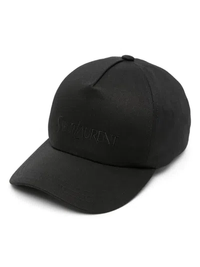 Saint Laurent Logo-embroidered Gabardine-weave Cap In Black