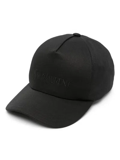 Saint Laurent Logo Embroidered Gabardine Weave Cap In Black