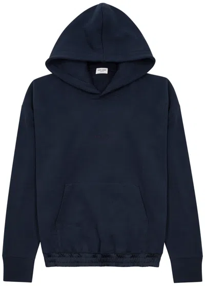 Saint Laurent Logo-embroidered Hooded Cotton Sweatshirt In Navy