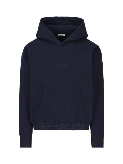 Saint Laurent Logo Embroidered Long-sleeved Hoodie In Navy