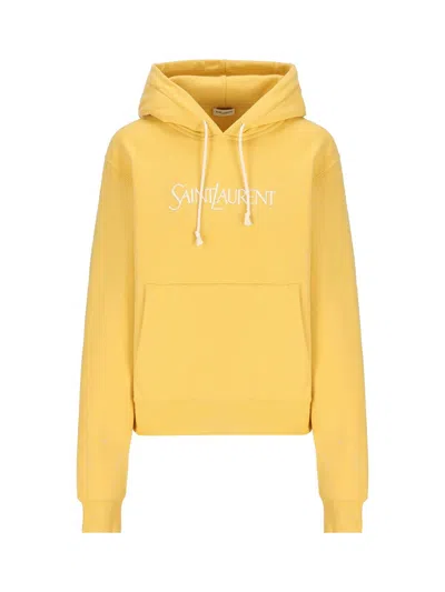 Saint Laurent Logo Embroidered Oversized Hoodie In Jaune/naturel