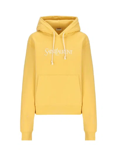 Saint Laurent Logo Embroidered Oversized Hoodie In Yellow