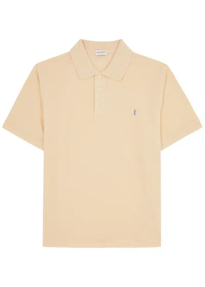 Saint Laurent Logo-embroidered Piqué Cotton-blend Polo Shirt In Neutral