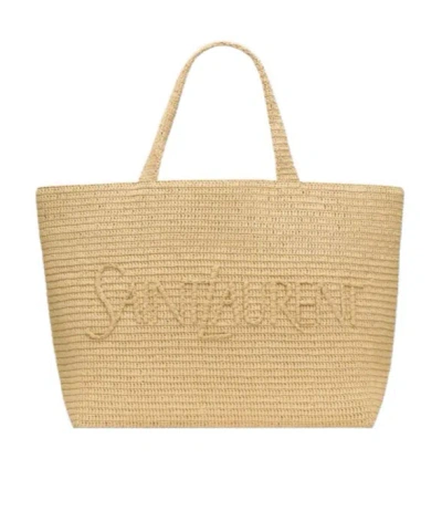 Saint Laurent Logo-embroidered Raffia Tote Bag In Nude