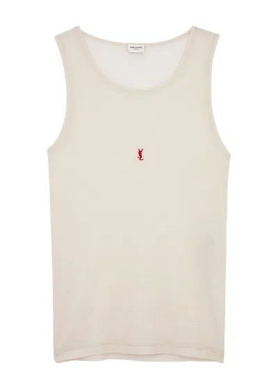 Saint Laurent Logo-embroidered Ribbed Wool Tank In Beige