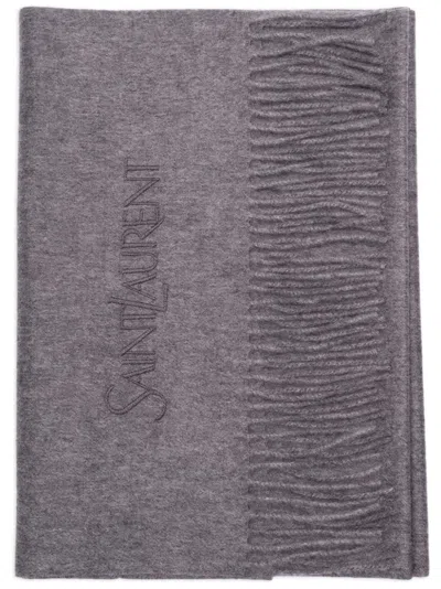 Saint Laurent Logo-embroidered Scarf In Grey