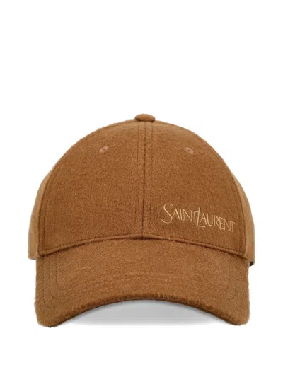 Saint Laurent Logo-embroidered Wool Cap In Brown