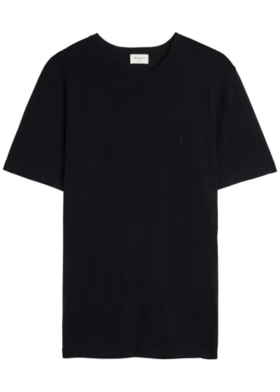 Saint Laurent Logo-embroidered Wool T-shirt In Black
