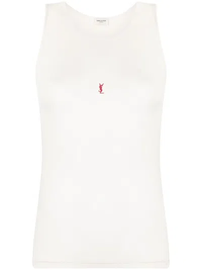 Saint Laurent Logo-embroidered Wool Tank Top In Neutrals