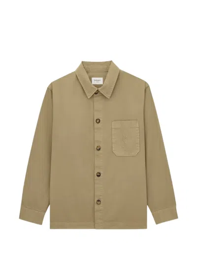 Saint Laurent Cassandre Cotton Overshirt Pointed Collar Cuffs In Brown