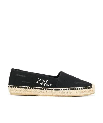 Saint Laurent Logo Embroidery Straw Shoes In Black