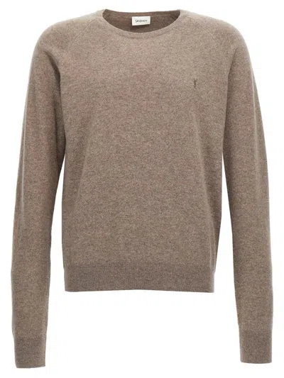 Saint Laurent Logo Embroidery Sweater In Brown