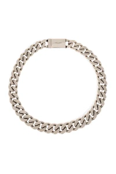 Saint Laurent Logo Engraved Chained Necklace In Silver