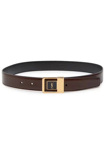 Saint Laurent Logo-engraved Grained Leather Belt In Brown