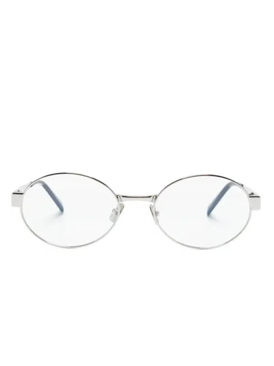 Saint Laurent Logo-engraved Oval-frame Glasses In Silver