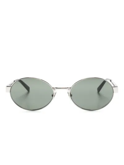 Saint Laurent Logo-engraved Oval-frame Sunglasses In Silver