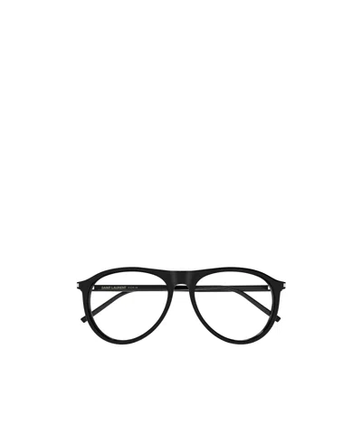 Saint Laurent Logo-engraved Pilot-frame Glasses In Black