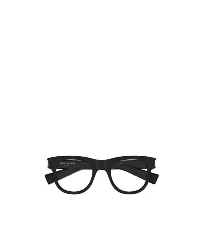 Saint Laurent Logo-engraved Round-frame Glasses In Black