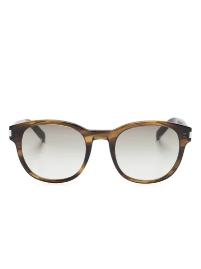 Saint Laurent Logo-engraved Round-frame Sunglasses In Brown