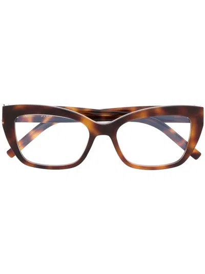 Saint Laurent Logo-engraved Tortoise Cat-eye Glasses In Braun