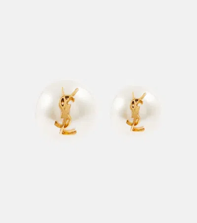 Saint Laurent Logo Faux Pearl Stud Earrings In Brass Gold/cream