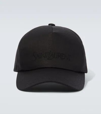 Saint Laurent Logo Gabardine Baseball Cap In Black