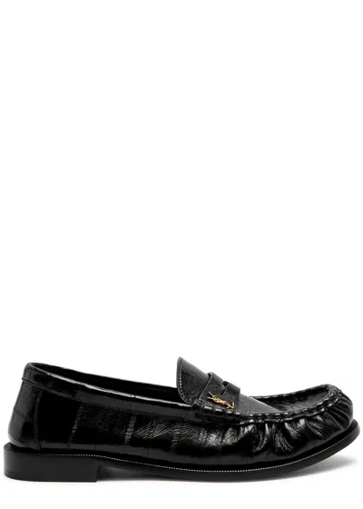 Saint Laurent Logo Glossed Leather Loafers In Black
