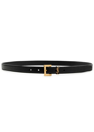 Saint Laurent Logo Grained Leather Belt In Black