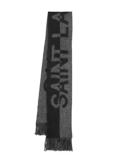 Saint Laurent Intarsia-knit Logo Fringed Scarf In Black