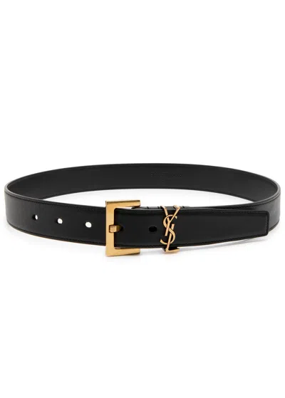 Saint Laurent Logo Leather Belt In Black