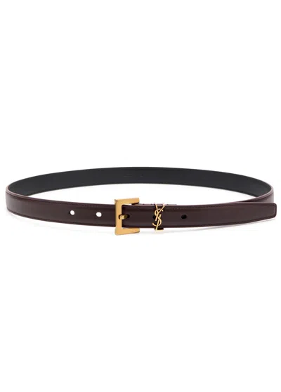 Saint Laurent Logo Leather Belt In Burgundy