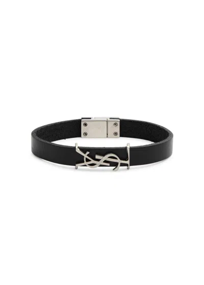 Saint Laurent Logo Leather Bracelet In Black