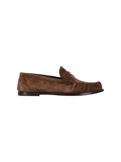 Saint Laurent Suede Penny Strap Loafers Round Toe In Brown