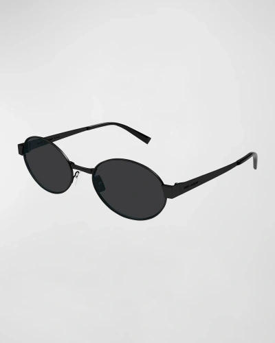 Saint Laurent Logo Metal Oval Sunglasses In Black Dark Grey