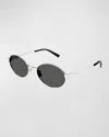 Saint Laurent Logo Metal Oval Sunglasses In Shiny Silver