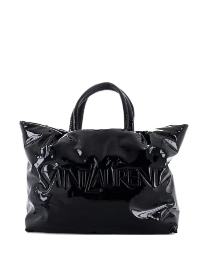 Pre-owned Saint Laurent Logo Padded Patent Leather Maxi Tote Bag In Black