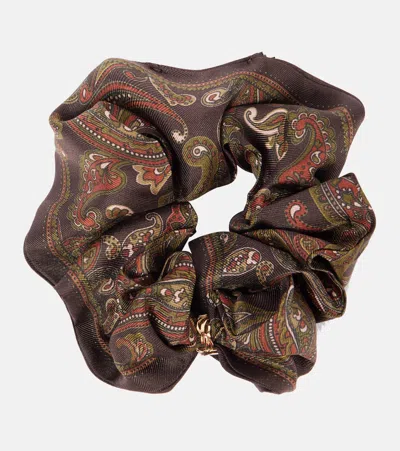 Saint Laurent Logo Paisley Silk Scrunchie In Brown
