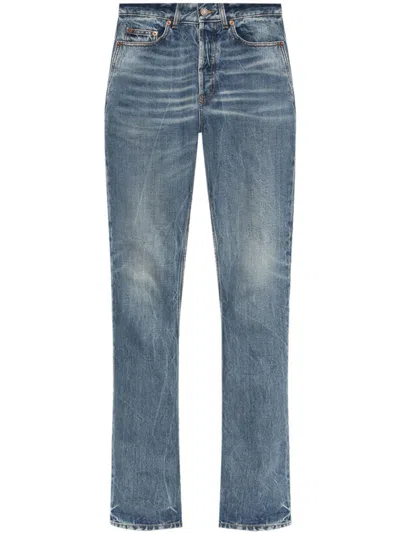 Saint Laurent Logo-patch Straight Jeans In Blue