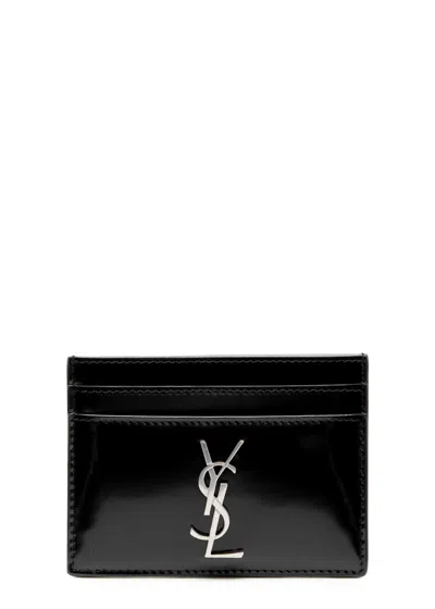 Saint Laurent Logo Patent Leather Card Holder In Black